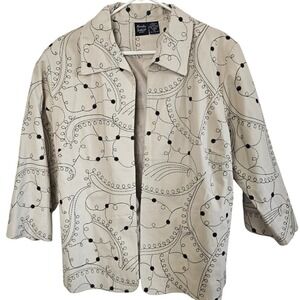 Alexandra Bartlett Woman Beige Black Embroidered Zip Up Jacket 1X Cotton Twill